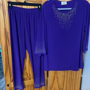 MAXIMA ROYAL DIAMOTE TUNIC PANTSUIT WOMEN M PURPLE EMBELLISH ENSEMBLE 3/4 SLEEVE